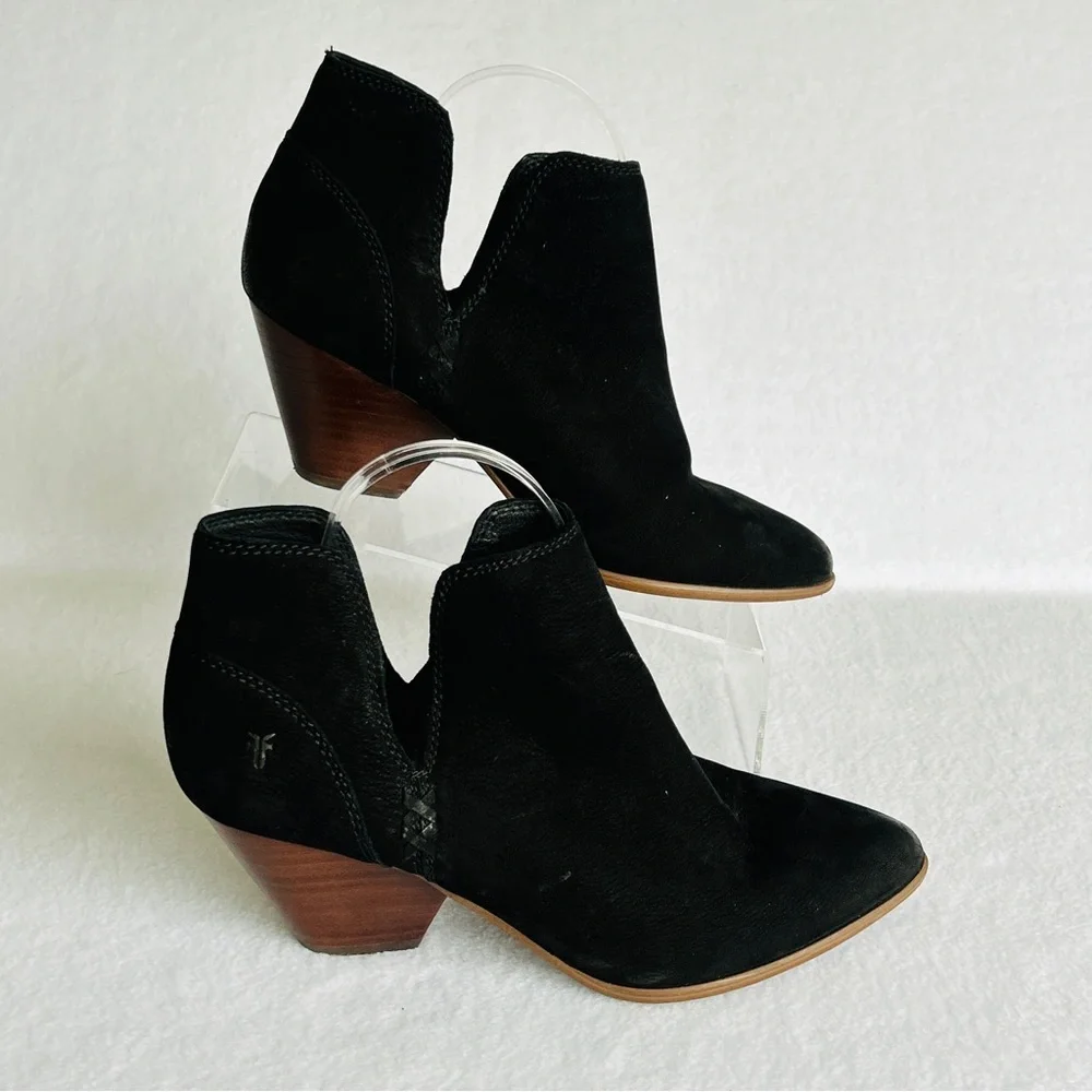 Frye Black Suede Cutout Ankle Booties with Wood Heel